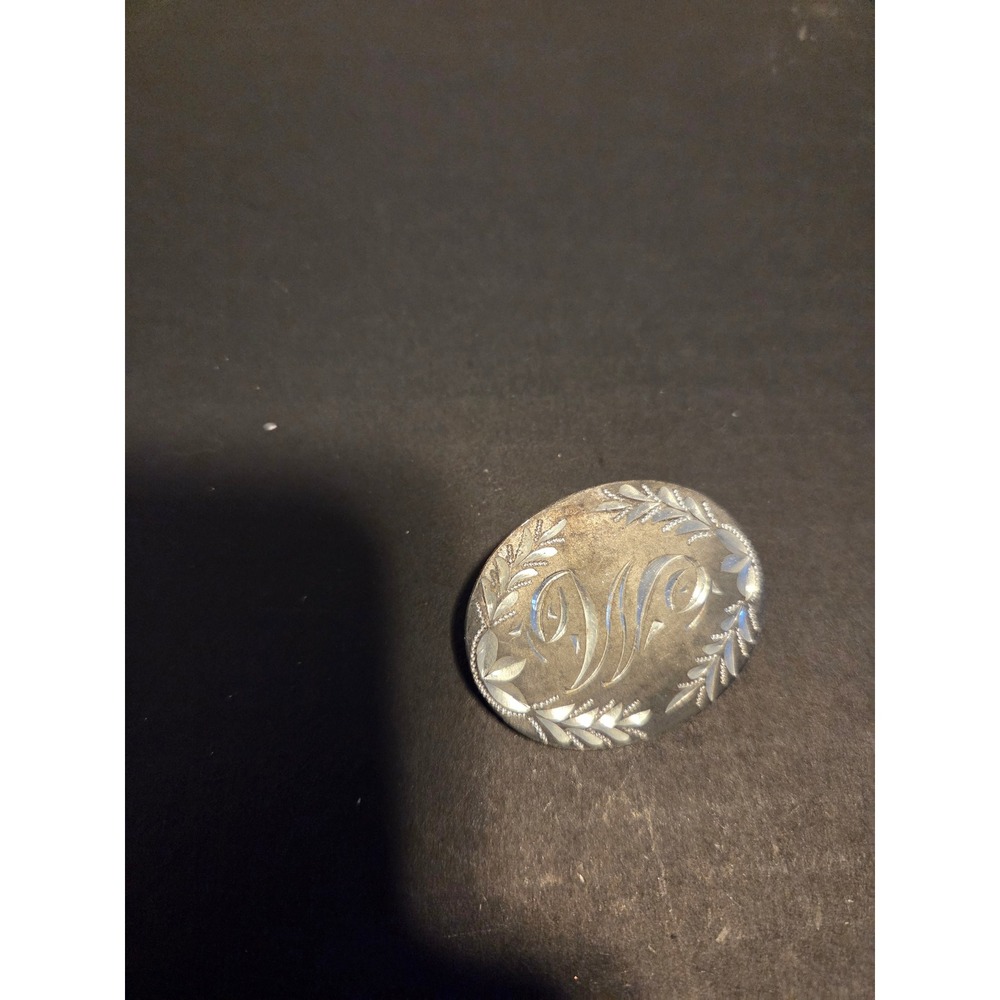 Vintage Silver Tone Engraved Monogram Oval Brooch Pin Laurel Leaf Detail